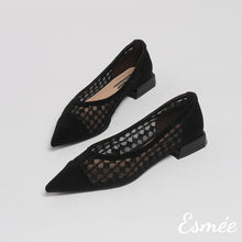 Load image into Gallery viewer, Black-Embroidered-Cotton-Low-Heels-with-Open-Mesh-Design-product-shots
