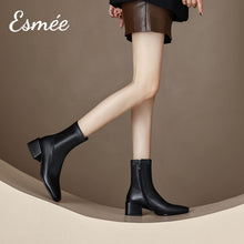 Load image into Gallery viewer, Black-Leather-Ankle-Boots-with-5-cm-Block-Heels-model-shots
