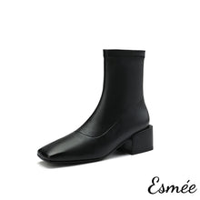 Load image into Gallery viewer, Black-Leather-Ankle-Boots-with-5-cm-Block-Heels-product-shots-white-background
