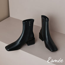 Load image into Gallery viewer, Black-Leather-Ankle-Boots-with-5-cm-Block-Heels-product-shots
