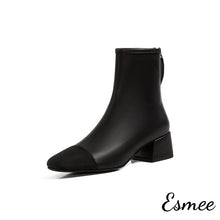 將圖片載入圖庫檢視器 Black-Leather-Ankle-Boots-with-Block-Heels-and-Black-Almond-Toe-Cap-product-shots-white-background
