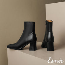 Load image into Gallery viewer, Black-Leather-Ankle-Boots-with-Block-Heels-product-shots
