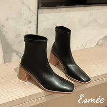 Load image into Gallery viewer, Black-Leather-Ankle-Boots-with-Wooden-Heels-product-shots
