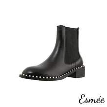 Load image into Gallery viewer, Black-Leather-Chelsea-Boots-with-Mini-Pearl-Deisgn-product-shots-white-background
