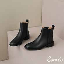 Load image into Gallery viewer, Black-Leather-Chelsea-Boots-with-V-Shaped-Ribbon-Design-product-shots
