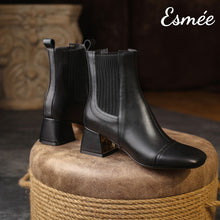 Load image into Gallery viewer, Black-Leather-Fabrics-Chelsea-Boots-with-Block-Heels-product-shots
