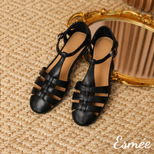 Load image into Gallery viewer, Black-Leather-Flat-Roman-Sandals-product-shots
