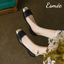 Load image into Gallery viewer, Black-Leather-Flats-with-Gauze-Design-and-Golden-Toe-Cap-model-shots
