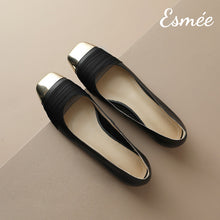 Load image into Gallery viewer, Black-Leather-Flats-with-Gauze-Design-and-Golden-Toe-Cap-product-shots
