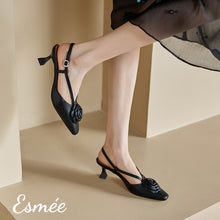 Load image into Gallery viewer, Black-Leather-High-Heel-Slingback-with-Rosebud-Design-model-shots
