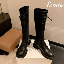 Load image into Gallery viewer, Black-Leather-Lace-Up-Long-Boots-product-shots
