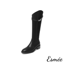 Load image into Gallery viewer, Black-Leather-Long-Boots-with-Silver-Plated-Buckle-product-shots-white-background
