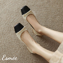 Load image into Gallery viewer, Black-Leather-Low-Heels-with-Dual-Color-Toe-Cap-and-Pearl-Design-model-shots
