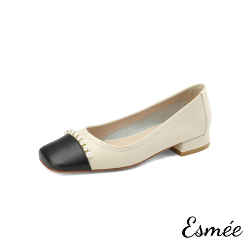    Black-Leather-Low-Heels-with-Dual-Color-Toe-Cap-and-Pearl-Design-product-shots-white-background