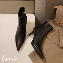 Load image into Gallery viewer, Black-Leather-Pointed-Toe-Ankle-Boots-with-Stiletto-Heels-product-shots
