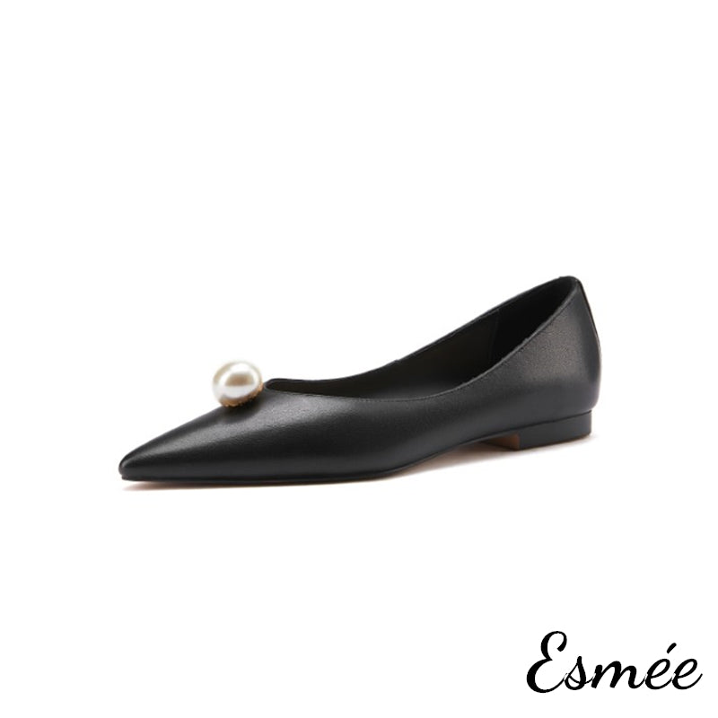 Black-Leather-Pointed-Toe-Flats-with-Pearl-product-shots-white-background