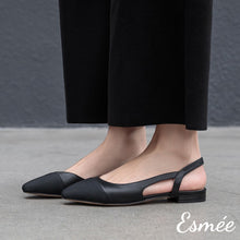 Load image into Gallery viewer, Black-Leather-Slingback-Flat-Mules-with-black-almond-toe-cap-Model-shots
