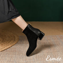 Load image into Gallery viewer, Black-Leather-Suede-Ankle-Boots-with-Block-Heels-model-shots
