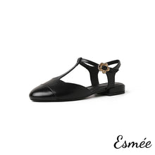 將圖片載入圖庫檢視器 Black-Leather-T-Straps-Sandals-with-Flower-Buckle-Product-shots-white-background
