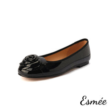 Load image into Gallery viewer, Black-Patent-Leather-Flats-with-Rosebud-Design-product-shots-white-background
