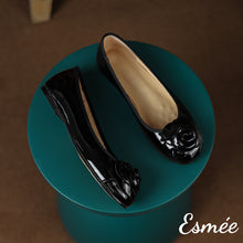 Load image into Gallery viewer, Black-Patent-Leather-Flats-with-Rosebud-Design-product-shots
