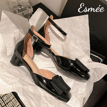 Load image into Gallery viewer, Black-Patent-Leather-High-Heel-Sandals-with-Ankle-Straps-and-Bow-Knot-product-shots
