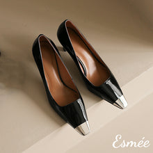 Load image into Gallery viewer, Black-Patent-Leather-High-Heels-with-Silver-Toe-Cap-product-shots
