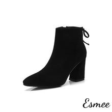 Load image into Gallery viewer, Black-Suede-Ankle-Boots-with-Block-Heels-product-shots-white-background
