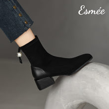 Load image into Gallery viewer, Black-Suede-Ankle-Boots-with-Pearl-Design-model-shots-1
