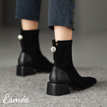 Load image into Gallery viewer, Black-Suede-Ankle-Boots-with-Pearl-Design-model-shots
