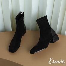 Load image into Gallery viewer, Black-Suede-Ankle-Boots-with-Pearl-Design-product-shots
