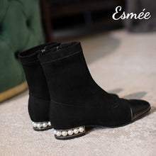 Load image into Gallery viewer, Black-Suede-Ankle-Boots-with-Pearl-Heels-and-Alligator-Toe-Cap-product-shots-1
