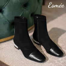 Load image into Gallery viewer, Black-Suede-Ankle-Boots-with-Pearl-Heels-and-Alligator-Toe-Cap-product-shots
