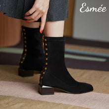 Load image into Gallery viewer, Black-Suede-Ankle-Boots-with-Rockstud-Design-model-shots-1
