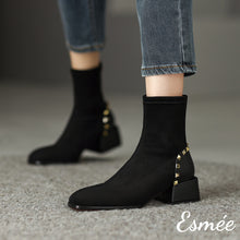 Load image into Gallery viewer, Black-Suede-Ankle-Boots-with-Rockstud-Design-model-shots
