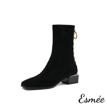 Load image into Gallery viewer, Black-Suede-Ankle-Boots-with-Rockstud-Design-product-shots-white-background
