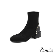 Load image into Gallery viewer, Black-Suede-Ankle-Boots-with-Rockstud-Design-product-shots-white-background
