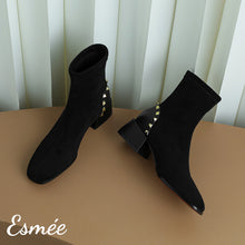 Load image into Gallery viewer, Black-Suede-Ankle-Boots-with-Rockstud-Design-product-shots
