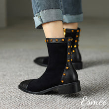 Load image into Gallery viewer, Black-Suede-Ankle-Boots-with-Rockstud-and-Leather-Toe-Cap-Design-model-shots-1
