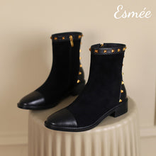 Load image into Gallery viewer, Black-Suede-Ankle-Boots-with-Rockstud-and-Leather-Toe-Cap-Design-product-shots
