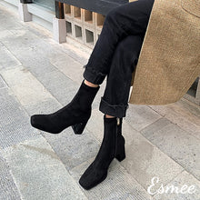 Load image into Gallery viewer, Black-Suede-Ankle-Boots-with-Square-Toe-Design-model-shots
