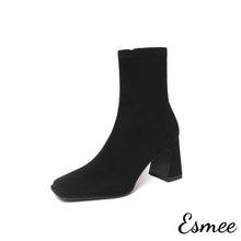 Load image into Gallery viewer, Black-Suede-Ankle-Boots-with-Square-Toe-Design-product-shots-white-background
