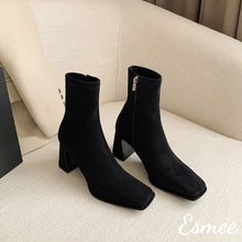 Load image into Gallery viewer, Black-Suede-Ankle-Boots-with-Square-Toe-Design-product-shots
