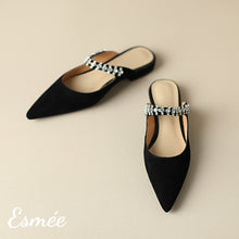 Load image into Gallery viewer, Black-Suede-Flat-Mules-with-Diamond-Straps-product-shots
