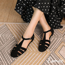 Load image into Gallery viewer, Black-Suede-Flat-Roman-Sandals-model-shots
