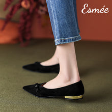 Load image into Gallery viewer, Black-Suede-Flats-with-Bow-Knot-and-Golden-Heels-model-shots
