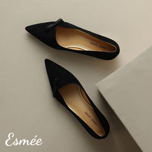 Load image into Gallery viewer, Black-Suede-Flats-with-Bow-Knot-and-Golden-Heels-product-shots
