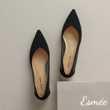 Load image into Gallery viewer, Black-Suede-Flats-with-Net-Design-and-Golden-Heels-product-shots
