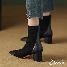 Load image into Gallery viewer, Black-Suede-High-Heel-Ankle-Boots-with-Leather-Toe-Cap-model-shots-1
