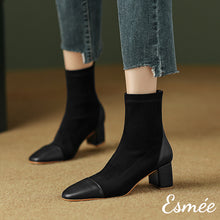 Load image into Gallery viewer, Black-Suede-High-Heel-Ankle-Boots-with-Leather-Toe-Cap-model-shots
